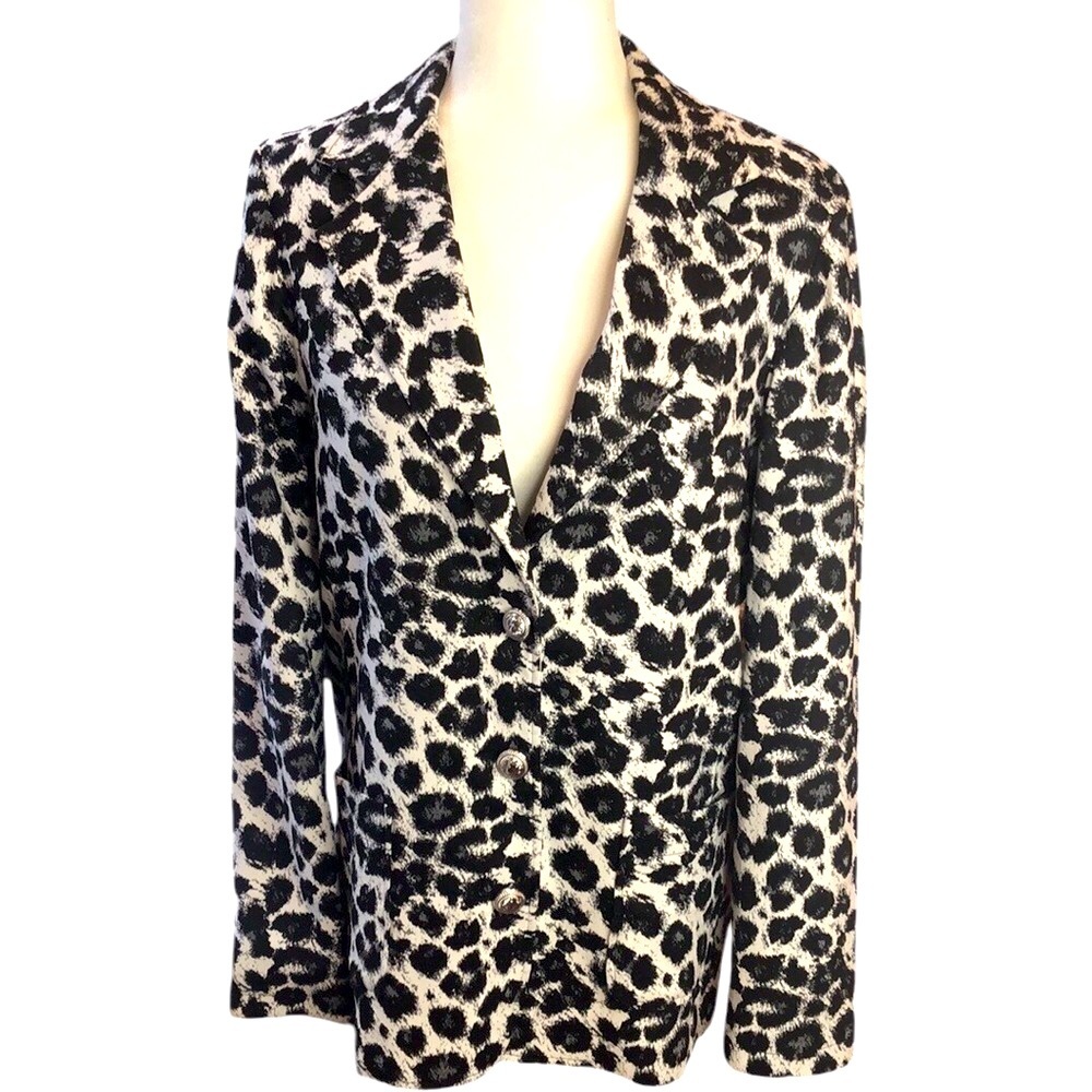 Karen Kane Black White Leopard Animal Print Blazer Button Front Lined Size M NEW